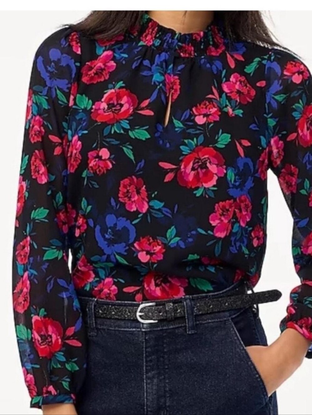J Crew Floral Smocked Neck Keyhole Blouse